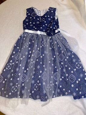 Girls Navy Blue Paisley Tulle Party Dress